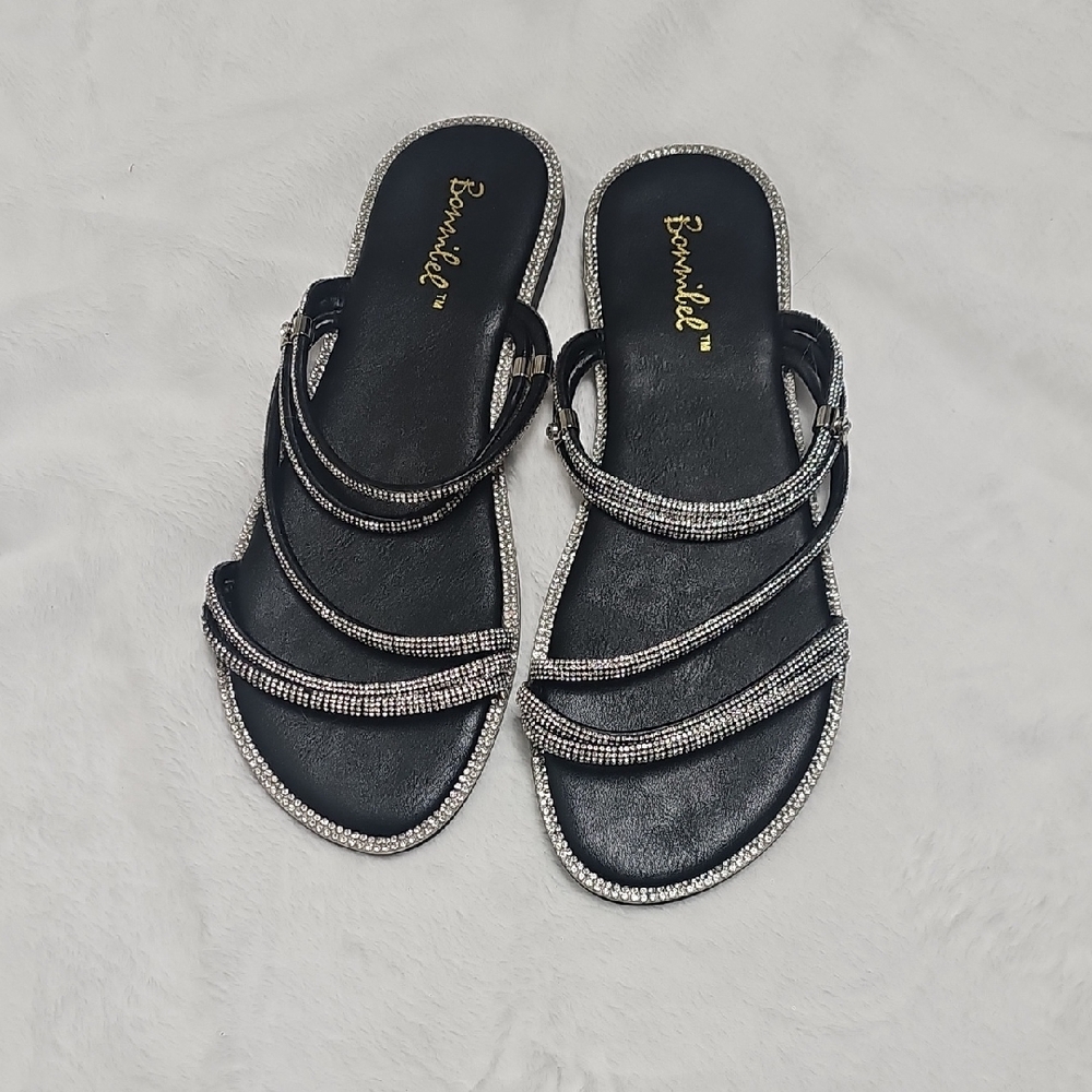 Black Crystal Multi-Strap Slide Sandals